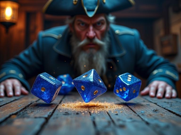 Digital artwork depicting a pirate dice game. Close-up on a rustic table with flying blue, translucent dice in mid-air. A serious pirate watches intensely in the background. Dramatic lighting with warm and dark tones. High-quality and realistic rendering.