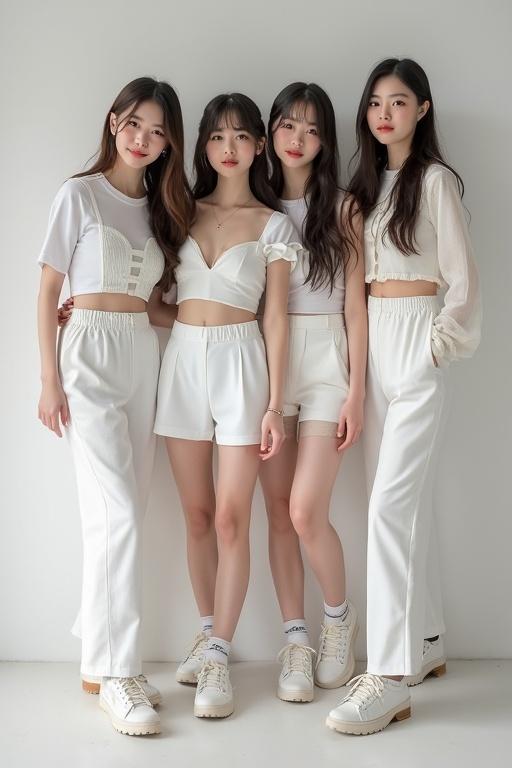 Four K-Pop girl idols wearing Y2K inspired white outfits. They are posed together a bit far from the camera, showcasing their style.