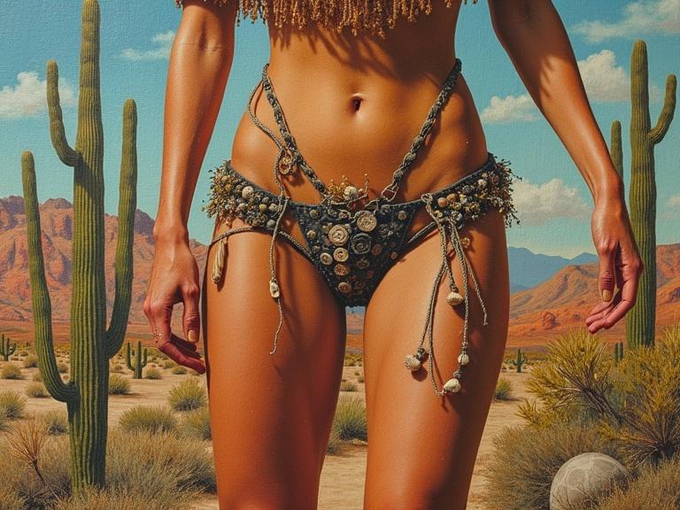 Artwork combines primitive elements and erotic themes. The scene features a desert landscape. The woman displays intricate details around her legs. Close-up textile details include various natural elements.