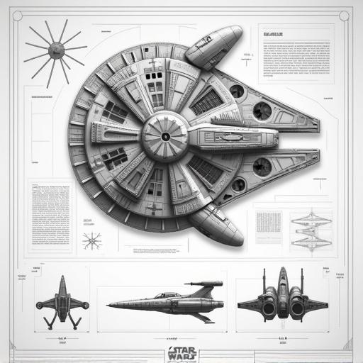 Technical illustration of the Millennium Falcon in grayscale. Main image shows top-down view with details including panels, cockpit, and engines. Inset images display line art from various angles. Styled text blocks present technical details. Background is light grey.