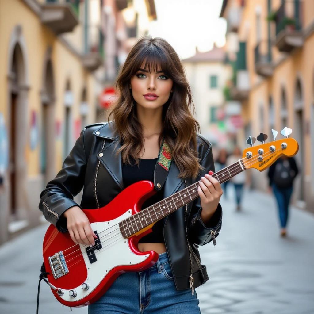 Lovely girl playing a red Danelectro 58 bass guitar. She wears a black leather jacket and blue jeans. Scene set in an Italian street. Fashionable and vibrant outdoor setting.