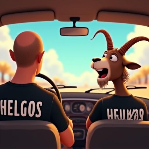 Interior view of a car from the back seat looking forward. Driver is a bald man with protruding ears in a black t-shirt with HEGLS. Passenger is a humanoid goat with a goat head and short horns in a matching t-shirt. Goat is joyfully yelling. Cartoon style with vibrant colors and bright daylight. Fun road trip atmosphere and cinematic composition.