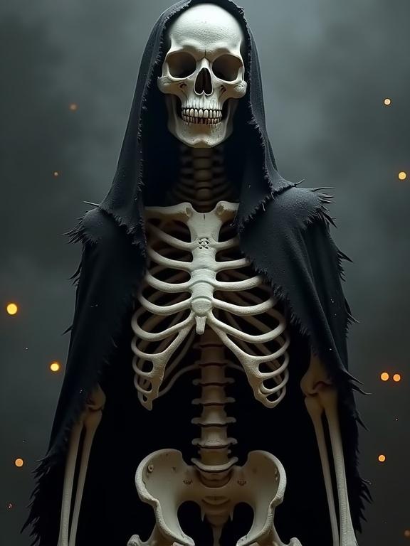Dark atmospheric digital art piece of a skeletal figure. Skeleton has weathered white skull. Cloaked in a black tattered cloak. Jagged torn edges float around its form. Orange embers float creating mystique. Ribcage shows intricate bone details. Mechanical cyberpunk aesthetic with geometric patterns etched into bones. Background fades from misty gray to black. Dramatic shadows emphasize skeletal features. High-quality photorealistic style with careful lighting effects.