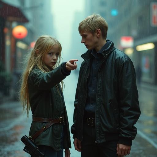 Dynamic photography of a young blonde girl dressed in futuristic style pointing at a young man. Scene set in a rainy futuristic city. Sad atmosphere with Blade Runner elements.