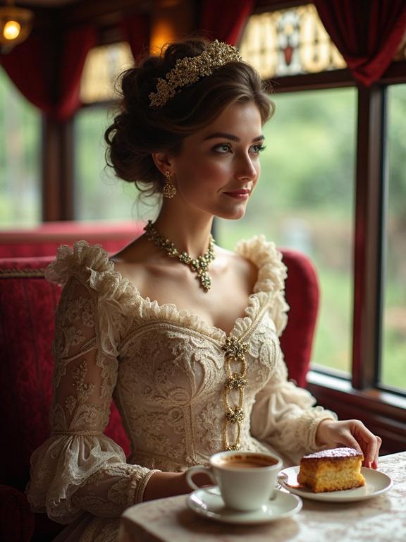 Victorian era woman enjoying cream tea and scone inside a luxurious train coach. Detailed and intricate setting with rich colors. Portrait of the passenger showcasing elegance. Cinematic perspective highlights Victorian culture.