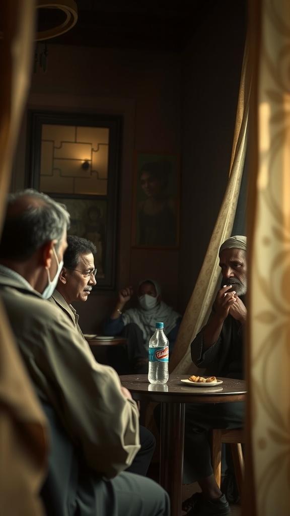 A group of people engaged in conversation around a table in a cozy, dimly lit room.