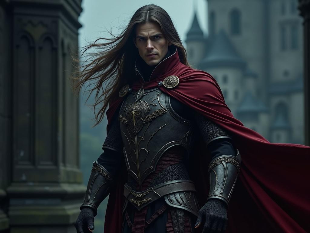 Create an image of a human transforming into a vampire. The character is dressed in elegant armor with intricate details and a flowing cape. Their hair is long and luxurious, billowing in the wind. Dramatic lighting highlights their features as sharp fangs begin to emerge. The background features a dark and eerie castle, adding to the atmosphere of transformation. The scene conveys a sense of power and mystery as the character embraces their new identity.