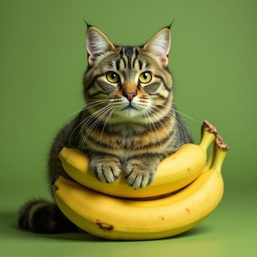 A playful cat lounges on a stack of bananas against a green backdrop. The cat has a striking appearance with distinct stripes and expressive eyes. Bananas stack beneath the cat, creating a fun and quirky scene. The colors are vibrant and eye-catching.