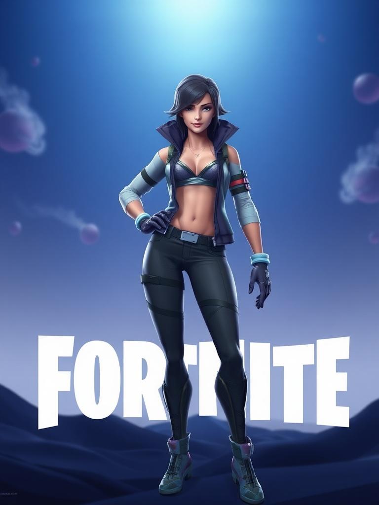 A stylized female character from Fortnite, standing confidently against a cosmic backdrop with planets and clouds, wearing futuristic clothing and accessories.