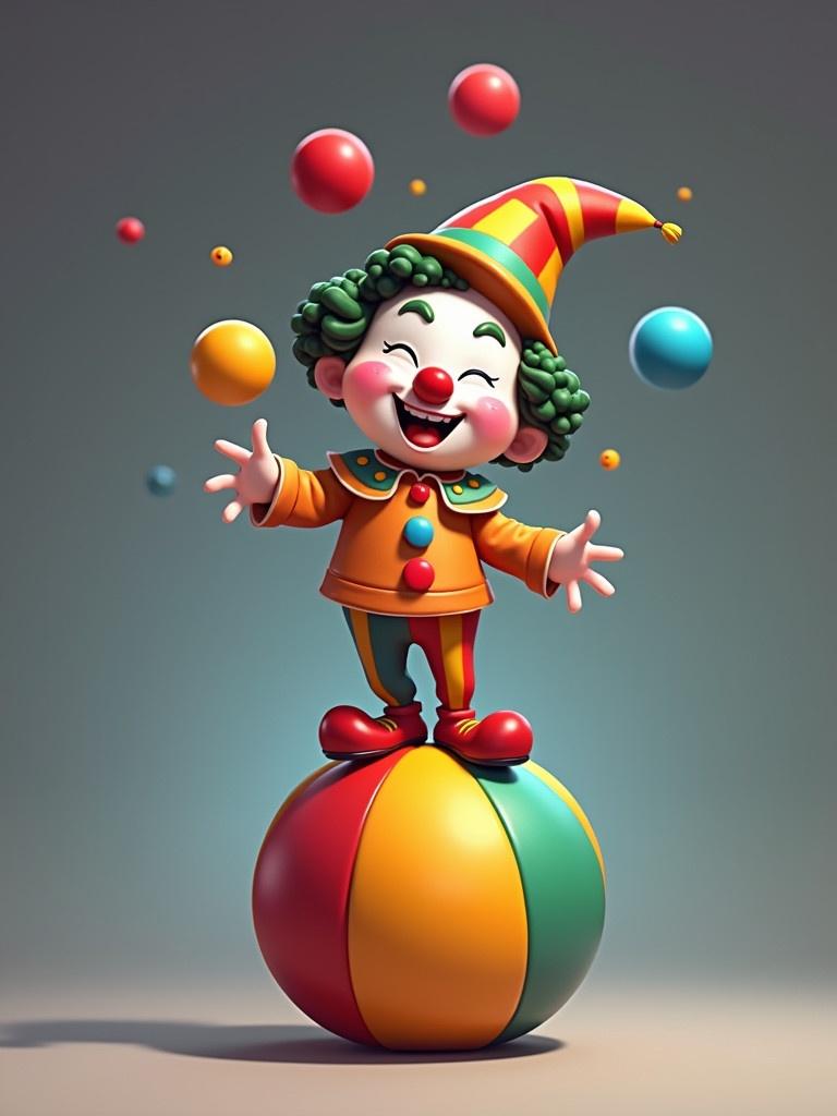 Kid character design inspired by popular game. Clown stands on oversized inflatable ball. Clown has white makeup and colorful outfit. Juggles three vibrant balls. Character appears playful and silly for children's entertainment.