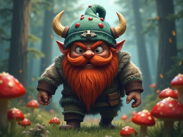 A character with orange beard and a green hat in a Scandinavian forest. The character is searching for red mushrooms and has a funny expression of rage. The environment is filled with trees and mushrooms.