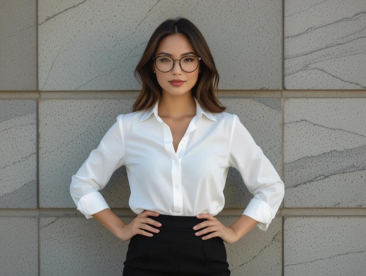 Woman from Asia wearing a white blouse and black skirt with a confident stance. Full body photo shows business attire suitable for professional settings.