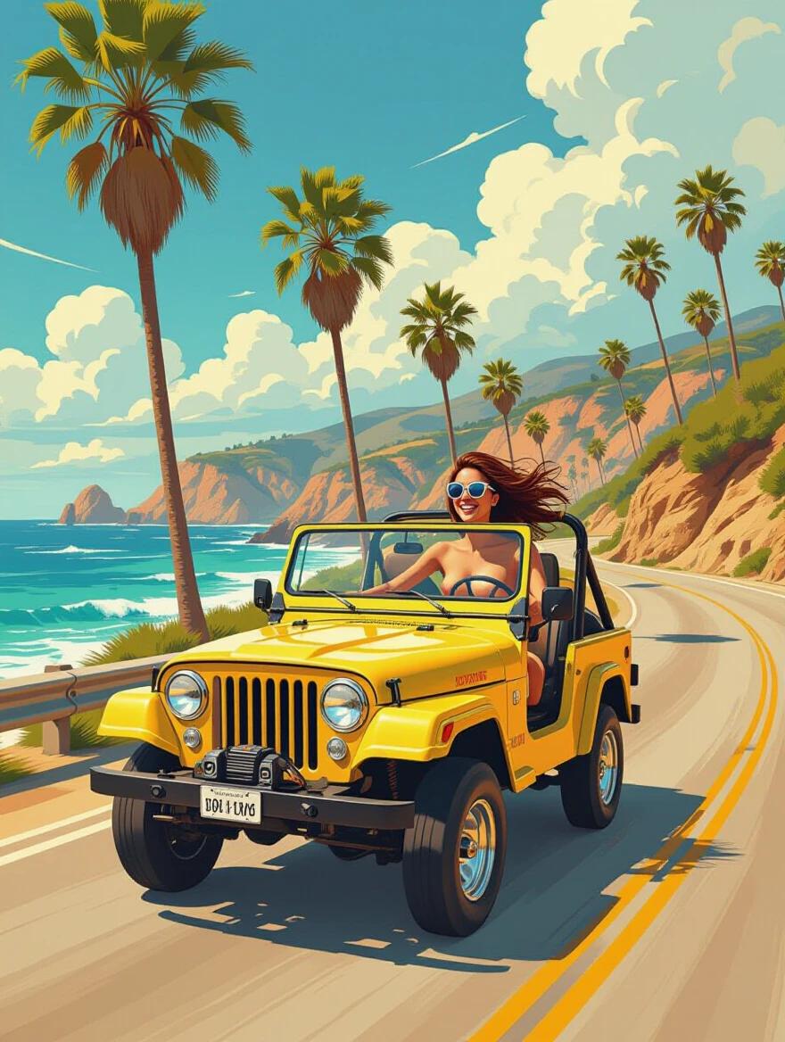 Nude woman smiling with wind-blown hair in yellow jeep on coastal road with palm trees and cliffs. Bright colors, bold lines, dynamic composition in futuristic style.