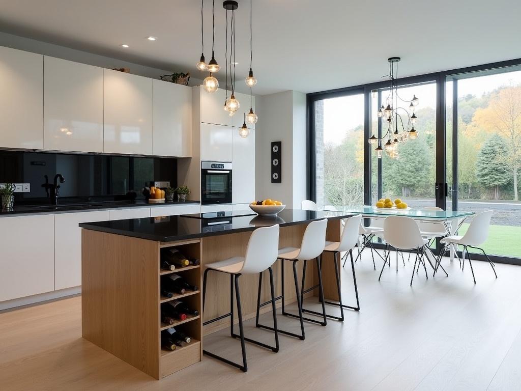 This is a modern kitchen interior design featuring a black and white style. The kitchen has sleek black countertops that contrast beautifully with the white cabinetry. A wooden island serves as a focal point, with a wine rack incorporated into its design. Pendant lights hang above the island, adding a stylish touch to the space. Large windows bring in natural light, complementing the neutral colors of the kitchen. The dining area is adjacent, with a glass table and white chairs that enhance the overall aesthetic.