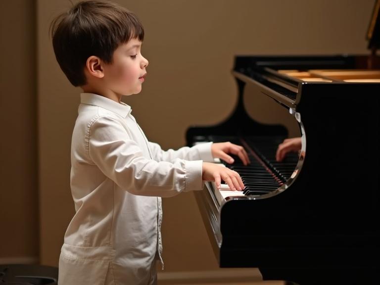 A young boy in white clothing stands beside a piano and reaches out to play.