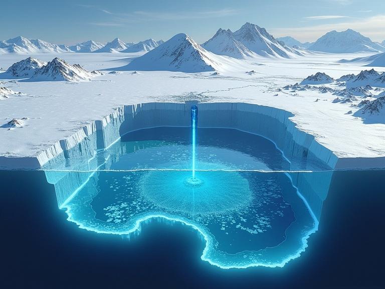 Detailed illustration showcases Antarctica's East. Cross-section reveals over 400 glowing subglacial lakes under thick ice. Lake Vostok drill site depicted with borehole reaching lake. Scientists retrieving core samples with glowing microorganisms. Radar scan shows geometric rock structures beneath ice. Cold, high-tech aesthetic. Realistic and mysterious. 16:9 aspect ratio.