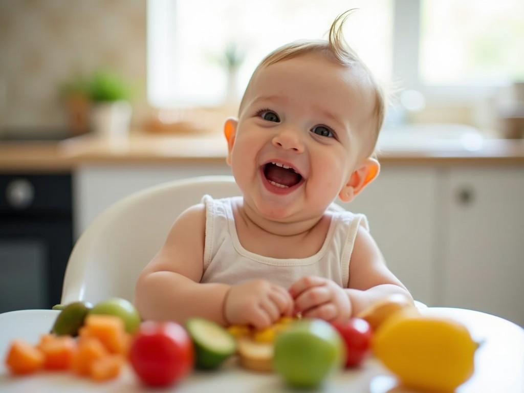 The image depicts a cute baby sitting at a table excitedly playing with and tasting a variety of fruits. The baby has a big smile, showing enjoyment and curiosity. The scene is set in a bright kitchen with natural lighting, contributing to a warm atmosphere. Around the baby are colorful fruits like apples, cucumbers, and lemons, highlighting the theme of healthy eating. This captures the essence of baby-led weaning, promoting the idea of introducing solids to infants.