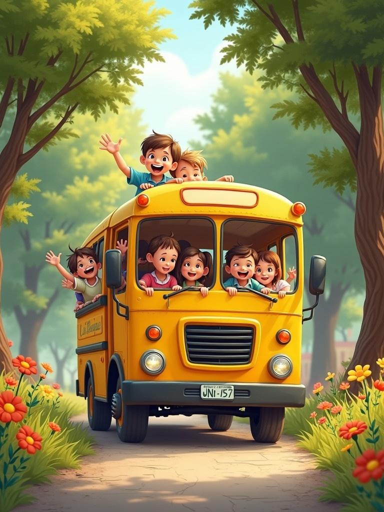 Bright yellow bus travels down a tree-lined path. Children joyfully peek out of bus windows. Warm sunlight enhances vibrant colors. Cheerful and playful atmosphere suggests a fun day out. Picturesque scene invites imagination of laughter and adventure.