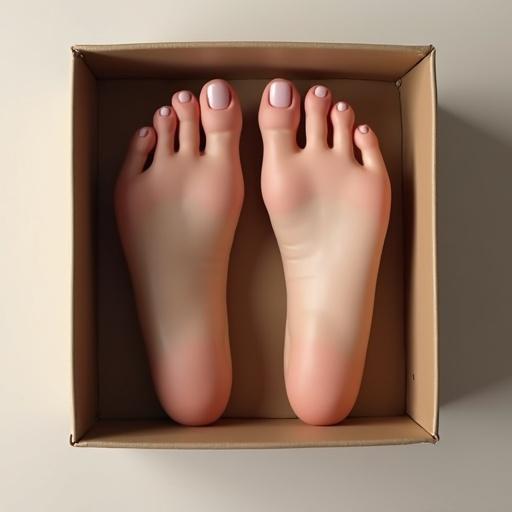 Pair of realistic female feet inside a neatly placed box. The feet are well-groomed with soft skin. The box is simple and beige, providing a neutral background. Focus is on the details of the feet, showcasing their shape and presentation.