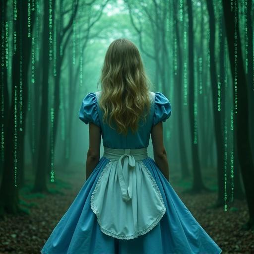 Hyper realistic photo of Alice in Wonderland in a light blue dress with a white apron waking up from the matrix surrounded by matrix code in a dark forest setting