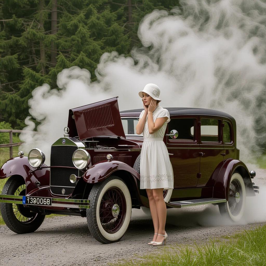 Photorealistic image of a vintage 1928 Mercedes-Benz 18/100 PS Sportwagen. A woman in a white cloche hat and short dress is standing beside the car. She leans over the left-side fender. Both hands pressed to her cheeks. Head is tilted down towards the engine. Engine is enveloped in thick steam from the boiling radiator. The hood is fully opened on both sides. The scene is captured in the golden hour lighting.