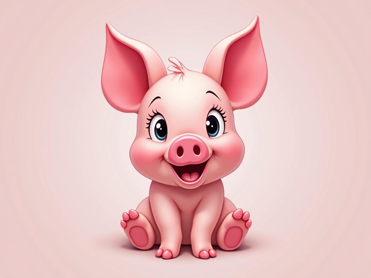 The image features a cute cartoon piglet with a big smile. It has large eyes and a cheerful expression, sitting down with its front legs tucked under. The background is a soft pastel color, enhancing the piglet's adorable features. Its pink skin and round face create a friendly, inviting look. This character design is perfect for children’s themes, making it ideal for use in various digital formats.