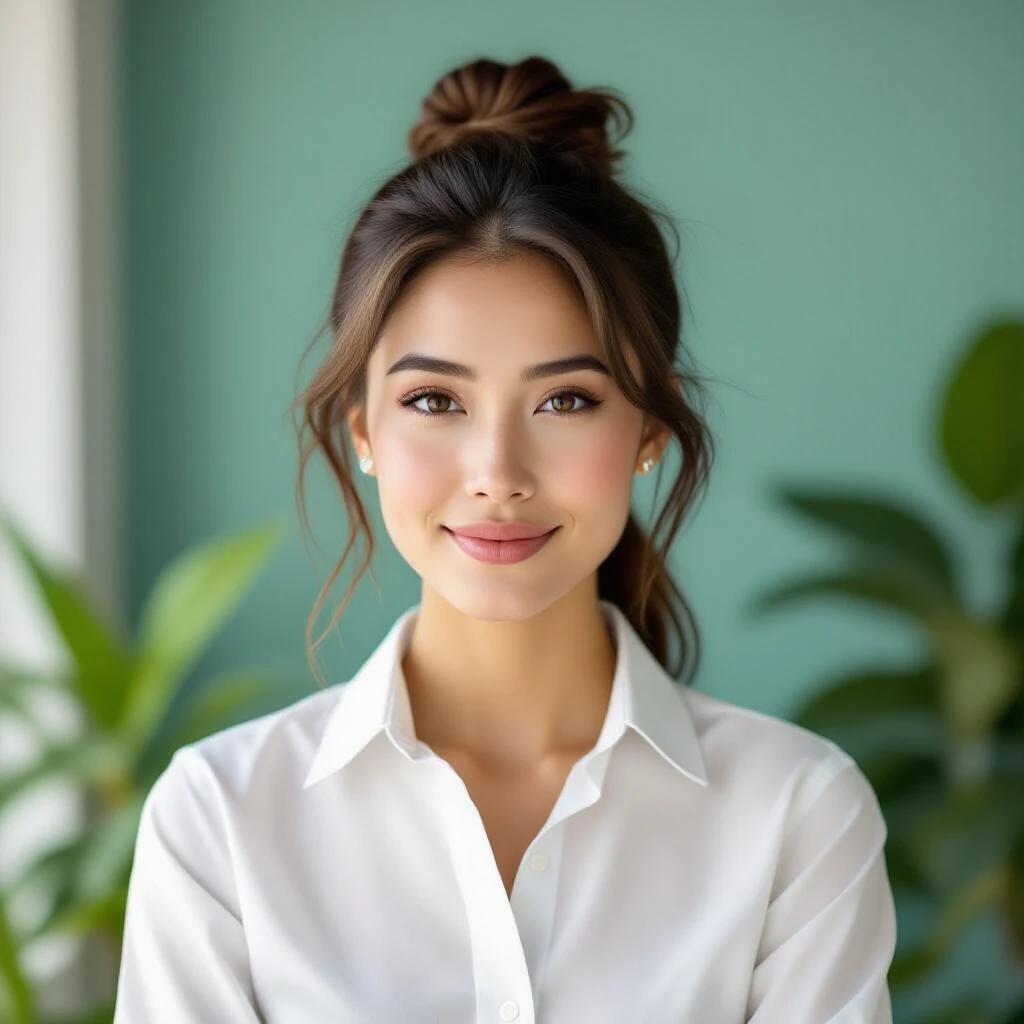 A portrait of a young woman in a white shirt with an elegant high bun hairstyle. The background features a soft blue wall and green plants, creating a fresh and serene atmosphere. The woman's expression is warm and inviting, directly gazing into the camera, emphasizing her facial features and the texture of her clothing.