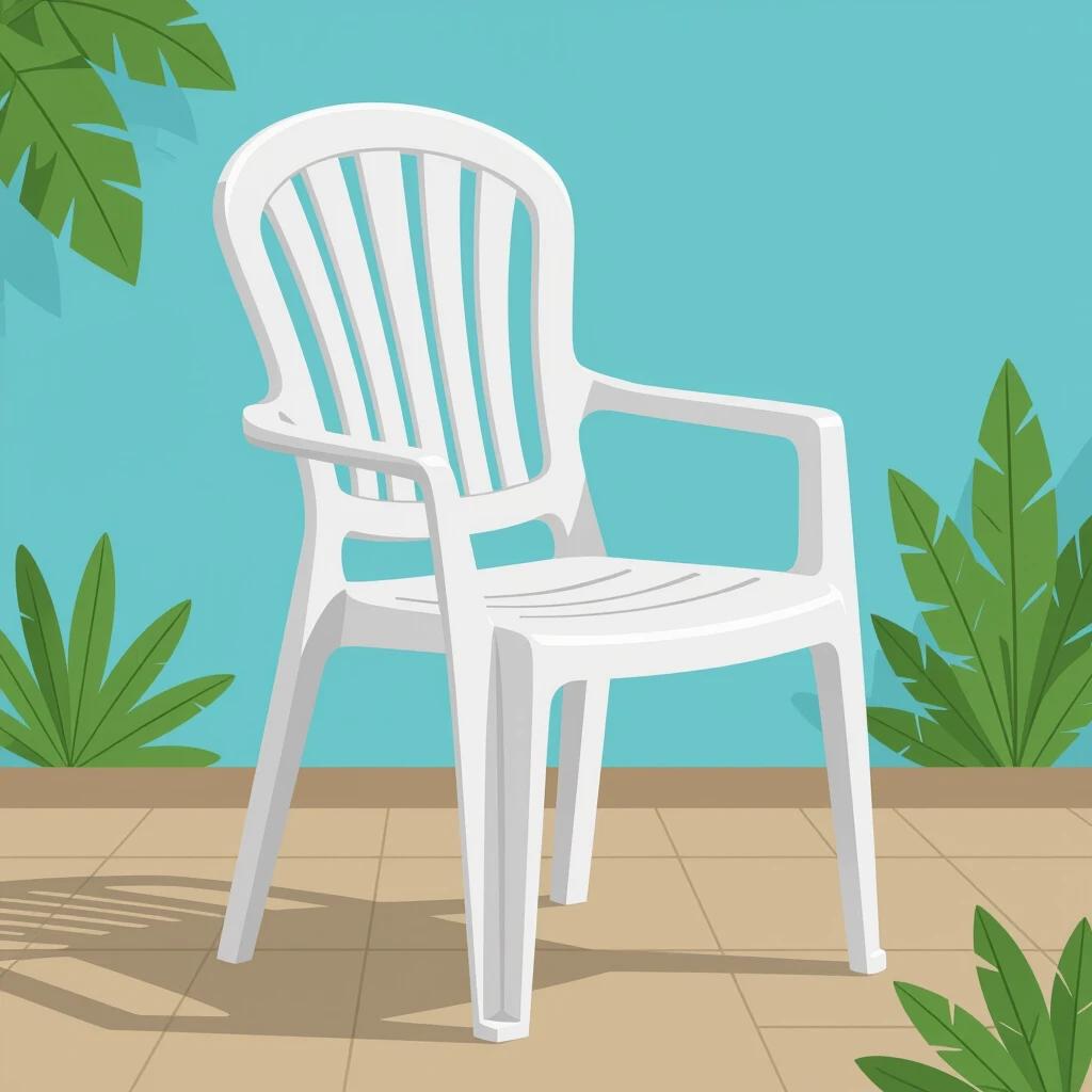 A cartoon vector-style illustration of a white plastic chair. The chair is shown in a 3/4 view. The background features green leaves and a blue wall. The chair is placed on a tiled patio floor.