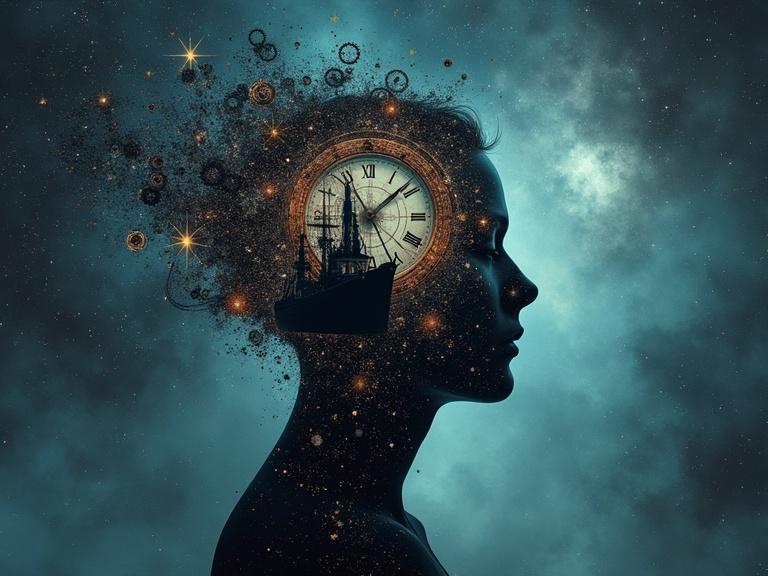 Surreal composition of a human head silhouette dissolving into stars and gears. Background shows cosmic clock and ghostly ship. Dreamlike lighting. Symbolic concept art in photorealistic style.