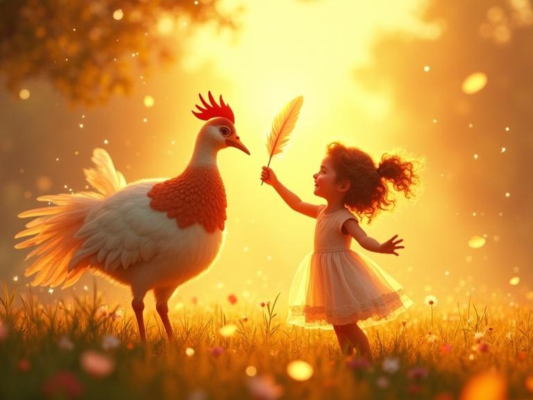 A magical peahen interacts with a joyful girl in a golden meadow. The girl holds a glowing feather, surrounded by sparkles and petals, dancing gracefully. A warm sky depicts happiness and enchantment.