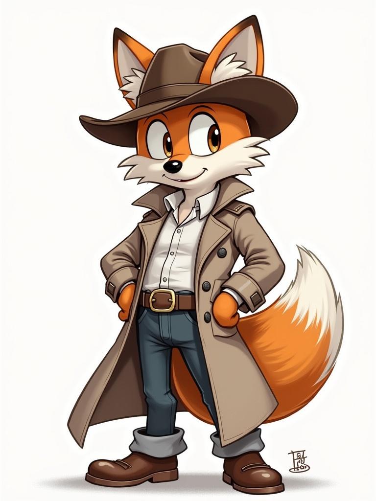 Adjust Tails character with a western hat. Dress Tails in a long trenchcoat. Position Tails with hands on hips. Display Tails smiling confidently. No background elements present.