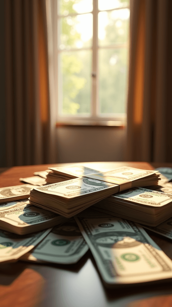 Stacks of hundred-dollar bills rest on a wooden table, with soft sunlight streaming through a window in the background.