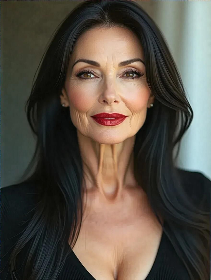 A mature woman in her advanced fifties with shiny black hair. Slight wrinkles on her skin. Sophisticated makeup enhances her dark eyes and red lipstick. Wearing a tight black top, she looks sweet and confident with a smile. Blurred background emphasizes her face. Aesthetic and glamorous overall.