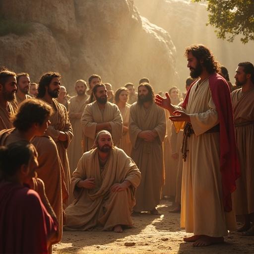 Jesus teaching his disciples in a natural setting. A gathering of men and women listening attentively. Soft natural light illuminating the scene. Jesus gestures with his hands as he speaks.