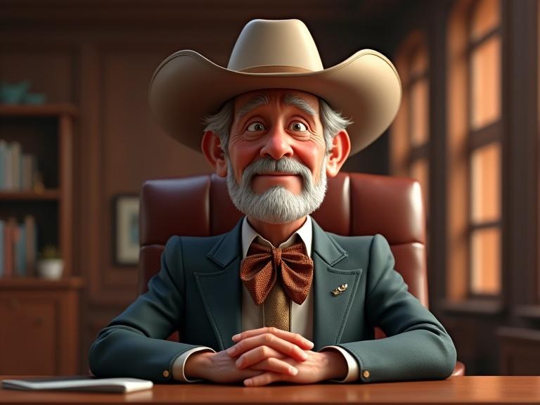 3D style caricature of an older oil man dressed in fancy western attire. He wears a cowboy hat and bolo tie. He sits in a fancy office highlighted by leather furniture and dark wood furniture. The character is looking directly at the viewer.