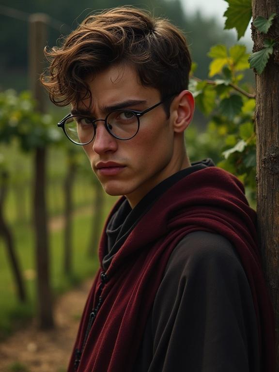 A young timid man with round glasses wearing robes. He appears worried and pensive in an outdoor setting surrounded by vines. The artwork mimics digital oil painting style with chiaroscuro lighting effects.