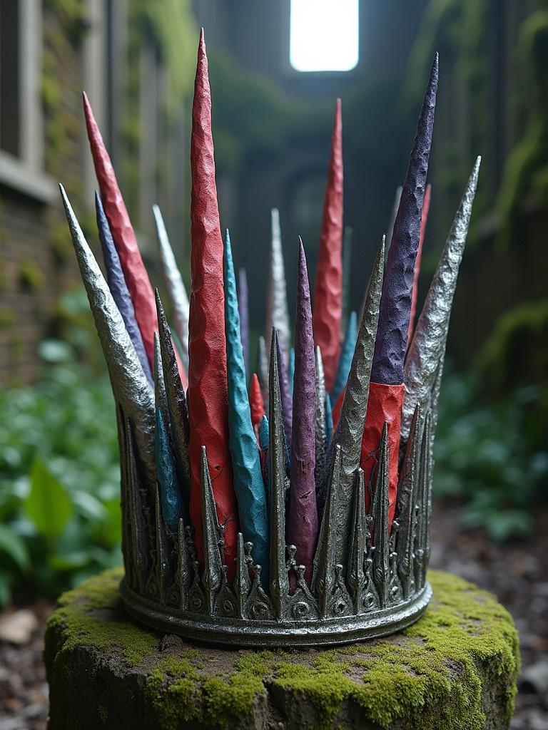 Crown constructed from colorful and silver wands. The spikes are sharp and uneven each uniquely shaped and glowing faintly. Colors contrast with silver creating a striking design. Crown rests on a moss-covered stone in an abandoned location surrounded by crumbling walls and vines. Exudes a mystical and forgotten feel.