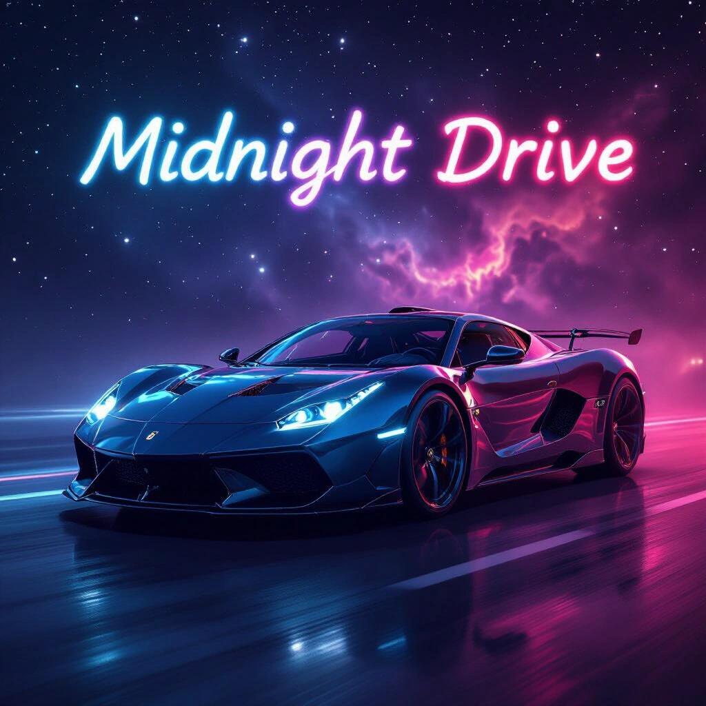 Dark hypercar image featuring Ferrari, Lambo, Bugatti. Neon nebula as background. Text reads 'Midnight Drive'.