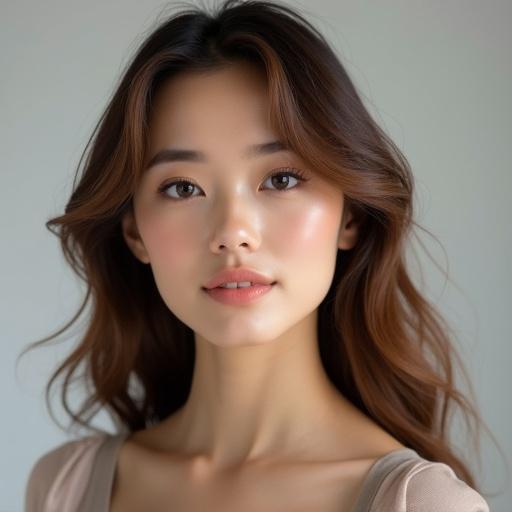 A 25-year-old woman with elegant posture. She has shoulder-length wavy hair with a chestnut gradient. Hair is slightly parted with light bangs. Calm and gentle expression with defined facial features. Large almond-shaped eyes shimmer with an ethereal glow. Flawless skin with a translucent glow. High-resolution style with ultra-detailed skin and texture. Soft natural lighting in a neutral studio backdrop.