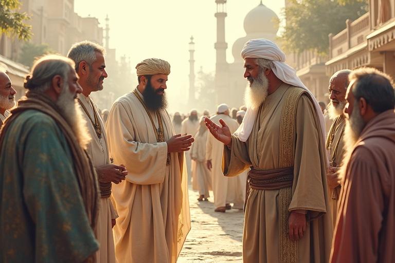 Montage shows Hazrat Umar engaged with citizens. Depicts resolving disputes and comforting the poor. Highlights helping elders and interacting in markets. Reflects scenes of Islamic governance and compassion. Various city locations in daylight and natural settings. 3D composite art.