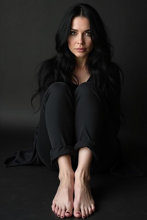 Mature goth woman with long black hair sitting on the floor in a black dress. The woman displays her feet with soles visible. Soft lighting creates a moody atmosphere. Elegant pose with hands on her ankles. Captures alternative fashion and artistic expression.