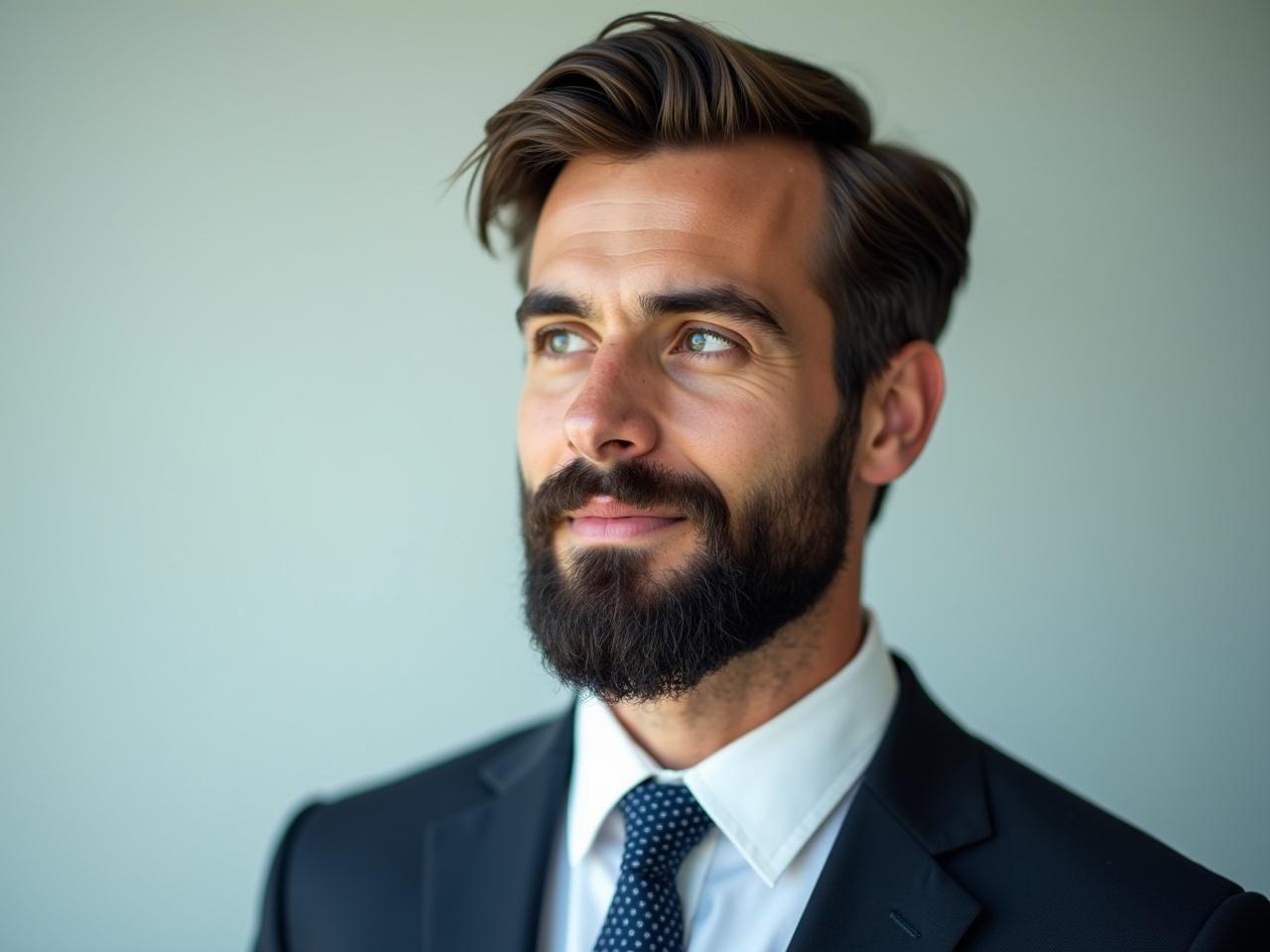 A photorealistic image of a man with a well-groomed beard, wearing a suit and tie. The background is replaced with a clean, neutral color, either #F7F7F7 or #FFFFFF. The lighting is bright and natural, enhancing the facial features for clarity and detail. The sharpness of the image is increased to 150, ensuring a clear focus on the subject. The overall mood of the image is professional, presenting the man in a polished and sophisticated manner.