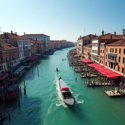 Aerial view of La Fenice in Venice showing the canal with motorboats and buildings lining it