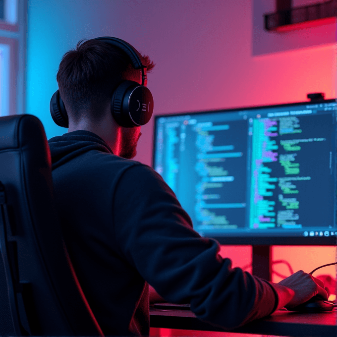 A person wearing headphones works on code displayed on two screens in a dimly lit room.