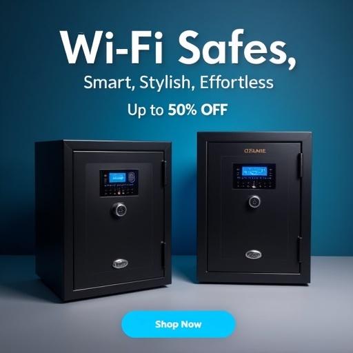 A promotional image of two smart safes on a grey surface against a deep blue background. The Acura 22 and Acura 11 safes by Ozone feature illuminated touchscreens. The text reads Wi-Fi Safes: Smart, Stylish, Effortless and Up to 50% OFF. A button saying Shop Now appears at the bottom. The safes cast soft shadows, highlighting their modern design.