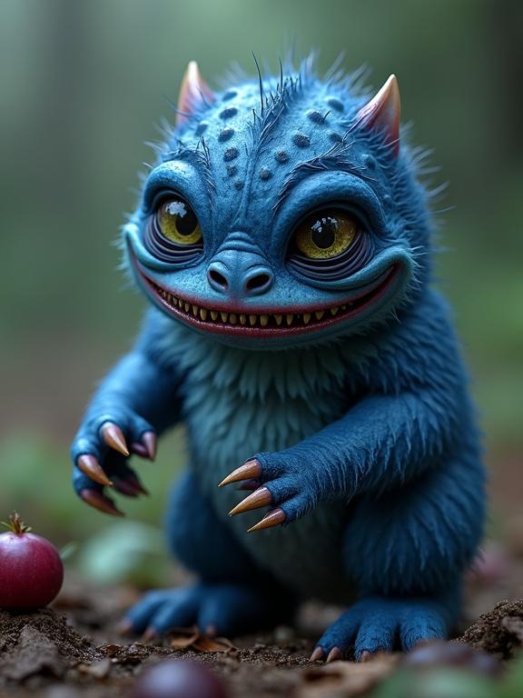 A small, scary, and realistic blue creature that looks like a blueberry. It has large eyes and sharp claws. The creature appears playful yet slightly sinister. It is in a forest setting surrounded by small red apples on the ground.