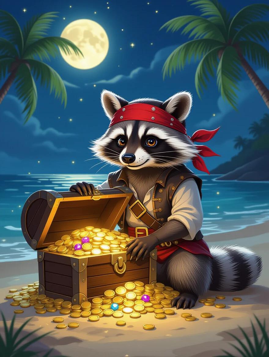 Clever raccoon pirate sits beside overflowing treasure chest. Raccoon wears red bandana and leather vest. Golden coins and jewels spill from chest. Palm trees sway on moonlit beach. Full moon reflects on wet sand. Warm golden lighting in storybook illustration style.