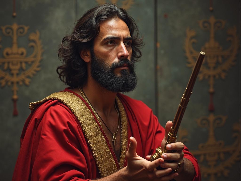 A man with long dark hair and a beard dressed in regal red attire holds a golden musical instrument. The setting has ornate gold patterns in the background.