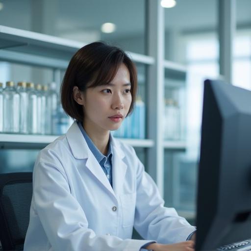 Female Asian short-haired scientist in lab coat focused on computer screen in modern lab with shelf on table.