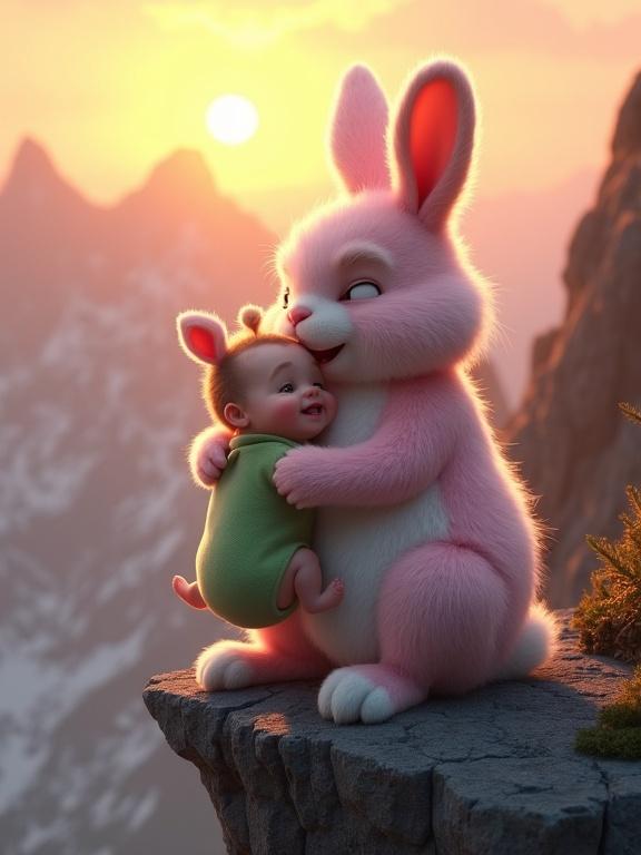Heartwarming fantasy scene on mountain cliff at sunset. Fluffy pink rabbit pulls baby in green romper to safety. Baby looks relieved and happy while rabbit shows tenderness. Dramatic mountain peaks and glowing sky in the background. Magical atmosphere with hyper-realistic style and soft lighting.